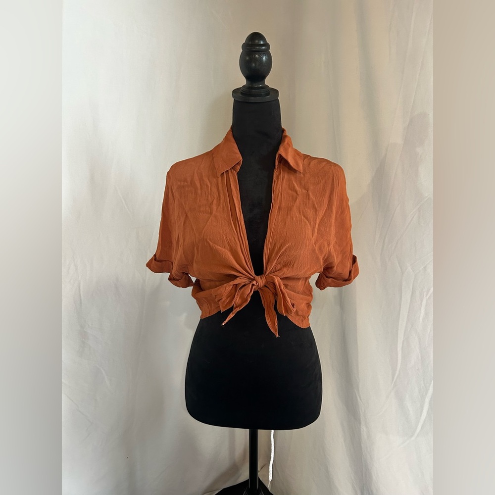 Rust Burnt Orange Tie Top Crop Short Sleeve cuffed adjustable Festival Summer S